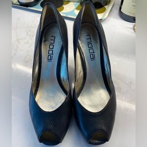 Moda Spana Wedge Sandals | Black Leather Open Peep Toe | 3.75” Wedge | Size 7.5